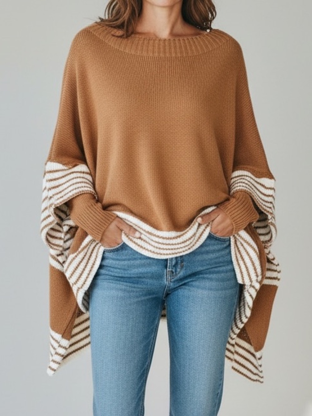 Cozy Brown Knit Poncho with Cream Striped Sleeves